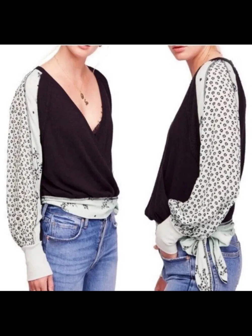 FREE PEOPLE Auxton Ribbed Thermal Tie Waist Top Black Mint Medium